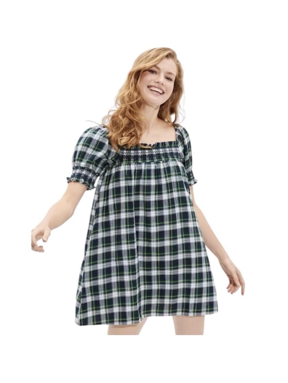 American Eagle Plaid Smocked Babydoll Dress Cottagecore Dark Academia Chic